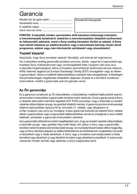 Sony VPCSA2Z9E - VPCSA2Z9E Documenti garanzia Ungherese