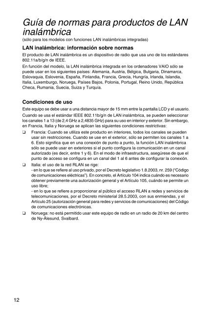 Sony VPCEJ2C4E - VPCEJ2C4E Documenti garanzia Spagnolo