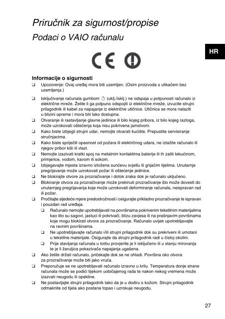 Sony SVE1511T1R - SVE1511T1R Documenti garanzia Croato