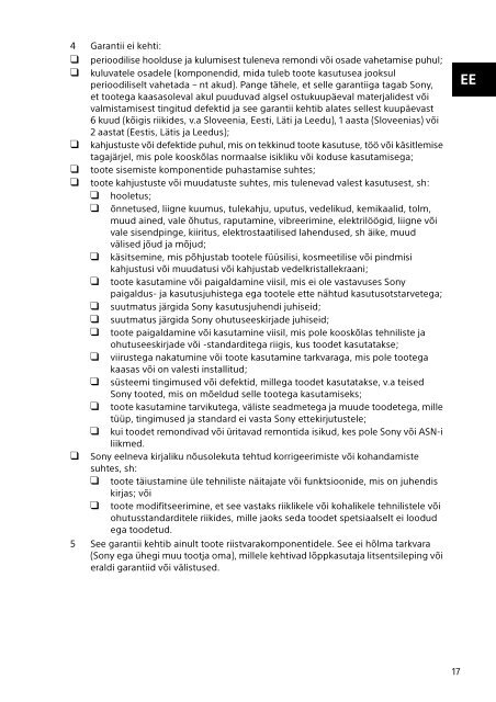 Sony SVF15N1X2R - SVF15N1X2R Documenti garanzia Estone
