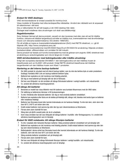 Sony VGN-TZ2RMN - VGN-TZ2RMN Documenti garanzia Svedese