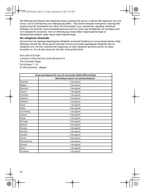 Sony VGN-TZ2RMN - VGN-TZ2RMN Documenti garanzia Svedese