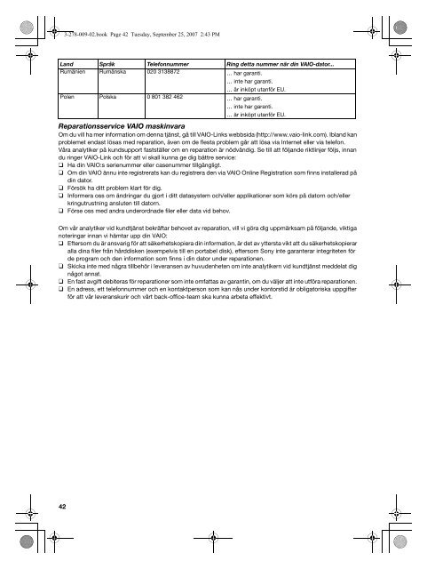 Sony VGN-TZ2RMN - VGN-TZ2RMN Documenti garanzia Svedese