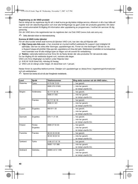 Sony VGN-NR21MR - VGN-NR21MR Documenti garanzia Svedese