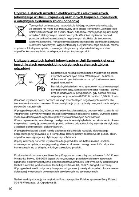 Sony VPCS11C5E - VPCS11C5E Documenti garanzia Polacco