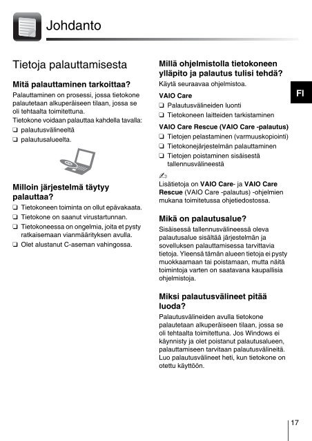 Sony VPCS13S8R - VPCS13S8R Guida alla risoluzione dei problemi Finlandese