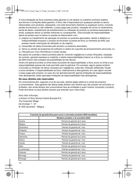 Sony VGC-LM2ER - VGC-LM2ER Documenti garanzia Portoghese