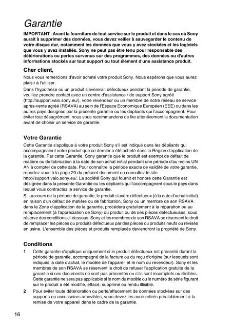 Sony VPCEJ3T1E - VPCEJ3T1E Documenti garanzia Francese