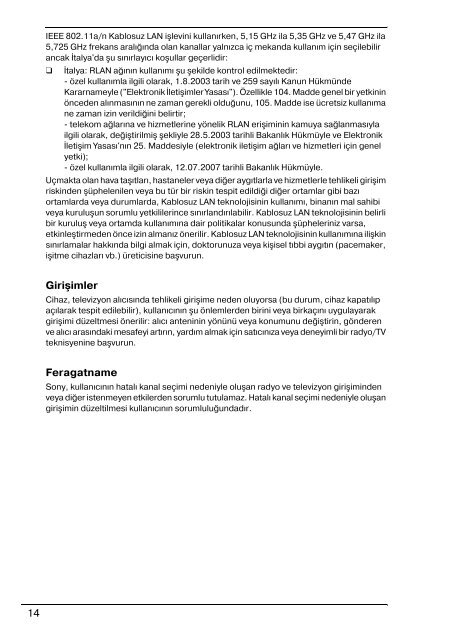 Sony VPCF13Z1R - VPCF13Z1R Documenti garanzia Turco