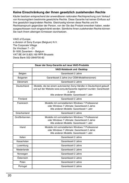 Sony VPCF13Z1R - VPCF13Z1R Documenti garanzia Tedesco