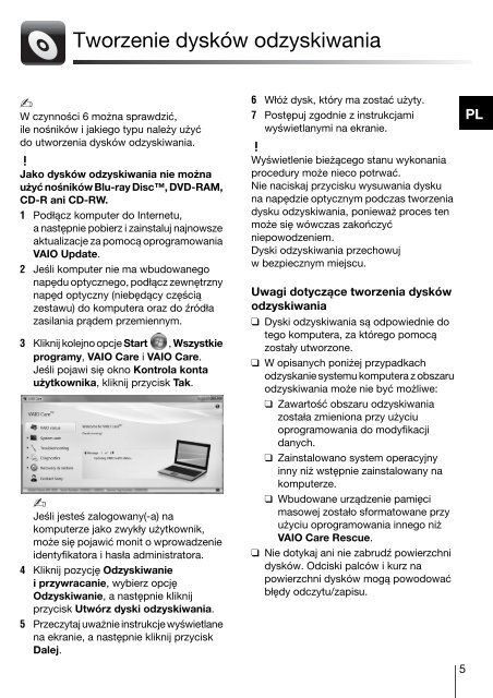 Sony VPCF13Z1R - VPCF13Z1R Guida alla risoluzione dei problemi Polacco