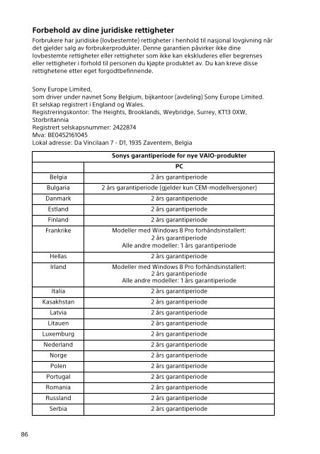 Sony VPCSB1B9E - VPCSB1B9E Documenti garanzia Polacco