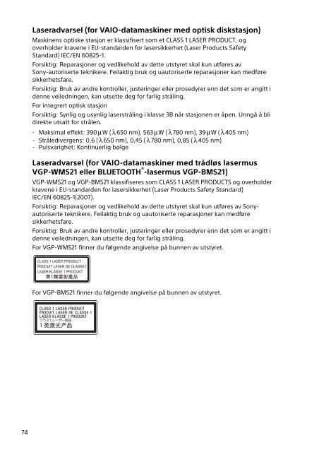 Sony SVE1712S1E - SVE1712S1E Documenti garanzia Norvegese