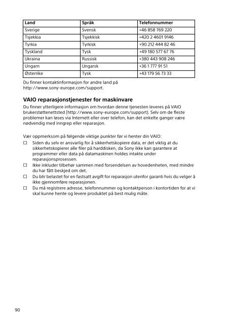 Sony SVE1712S1E - SVE1712S1E Documenti garanzia Norvegese