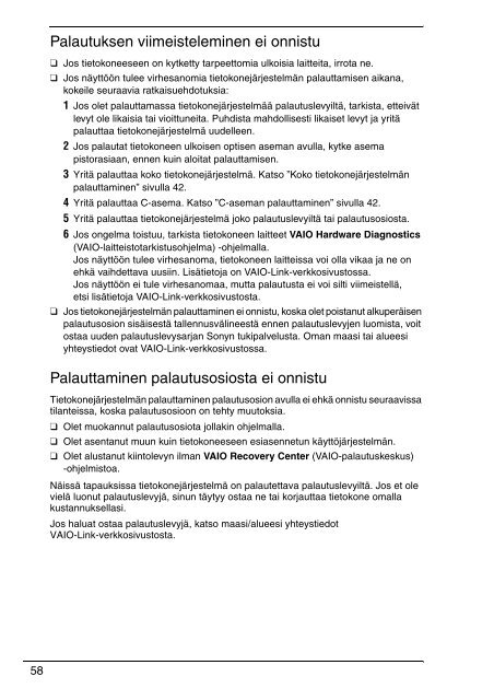 Sony VPCS11A7E - VPCS11A7E Guida alla risoluzione dei problemi Finlandese