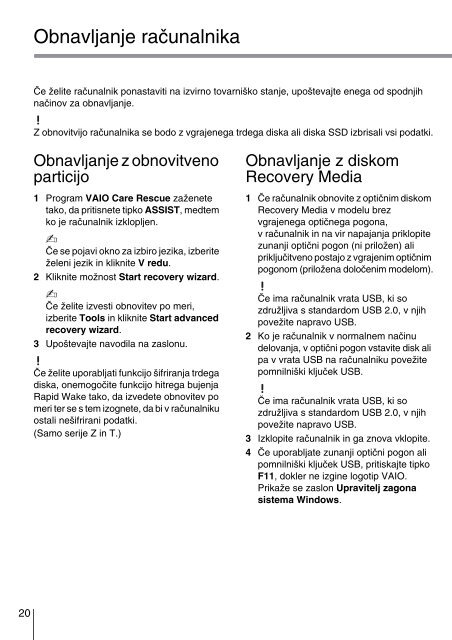 Sony SVT1311B4E - SVT1311B4E Guida alla risoluzione dei problemi Sloveno