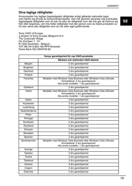 Sony VGN-NS31EH - VGN-NS31EH Documenti garanzia Svedese