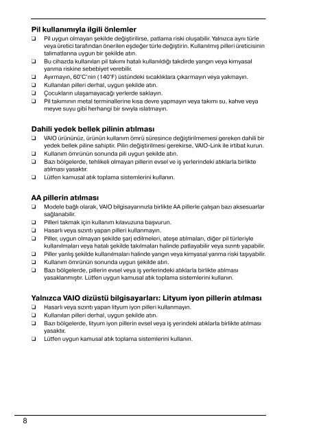 Sony VPCY11M1E - VPCY11M1E Documenti garanzia Turco