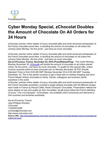 Cyber Monday Special, zChocolat Doubles the Amount of Chocolate On All Orders for 24 Hours