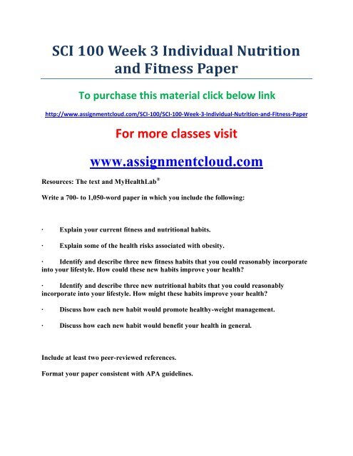 uop SCI 100 Week 3 Individual Nutrition and Fitness Paper