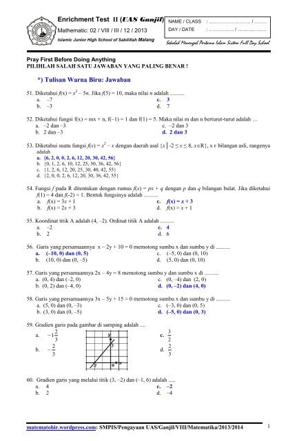 Soalkunci Pengayaan Uas Matematika Smp Kelas Viii Semester Ganjil