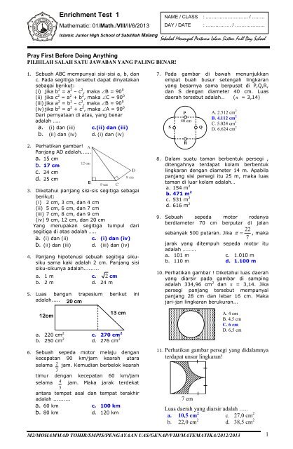 Soal Dan Kunci Soal Pengayaan 1 Uas Matematika Smp 2013