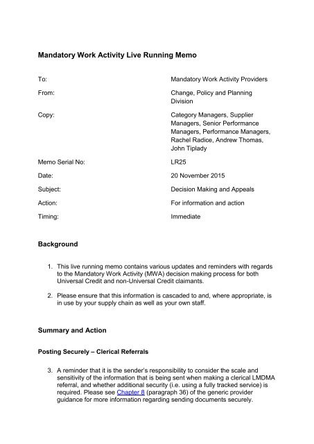 mandatory work activity live running memo work memo
