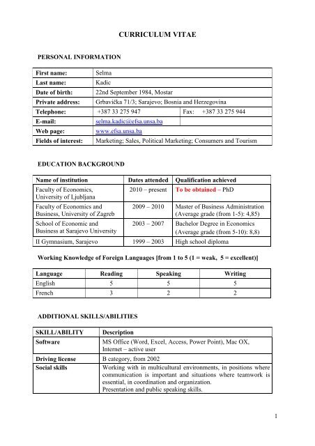 Curriculum Vitae - Ekonomski fakultet - University of Sarajevo