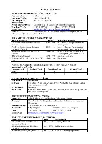 Curriculum Vitae - Ekonomski fakultet - University of Sarajevo