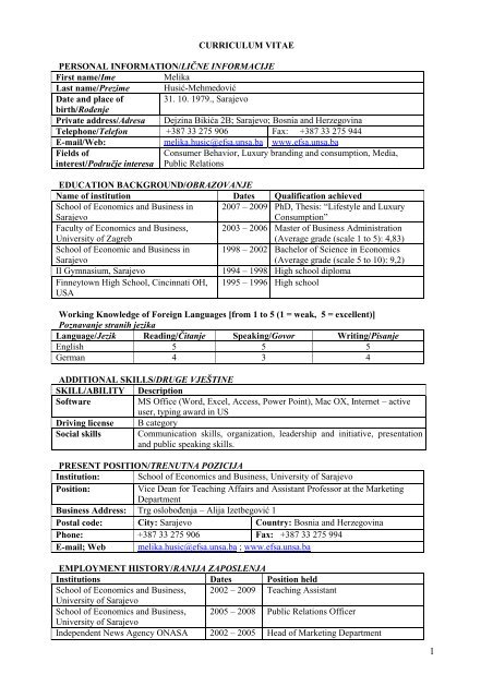 Curriculum Vitae - Ekonomski fakultet - University of Sarajevo