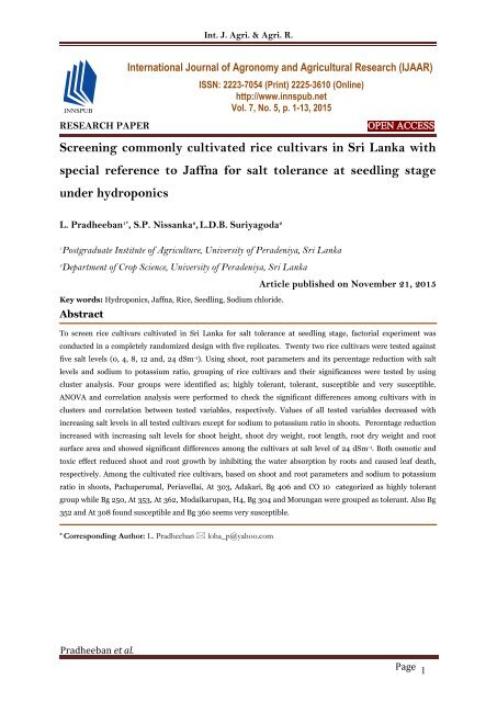 Screening commonly cultivated rice cultivars in Sri Lanka with special reference to Jaffna for salt tolerance at seedling stage under hydroponics - IJAAR