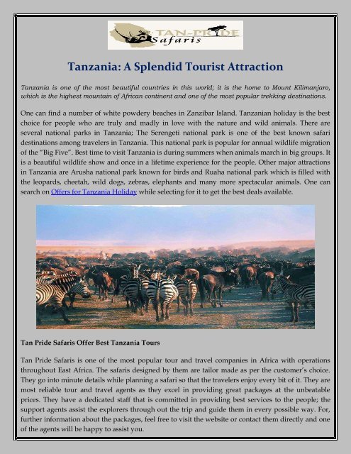 Tanzania: A Splendid Tourist Attraction