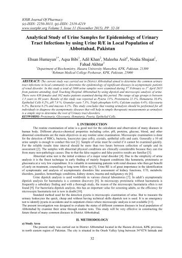 Analytical Study of Urine Samples for Epidemiology of Urinary Tract Infections by using Urine R/E in Local Population of Abbottabad, Pakistan