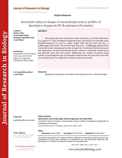 Insecticide induced changes in haemolymph protein profiles of Spodoptera frugiperda (F) (LepidopteraNoctuidae)