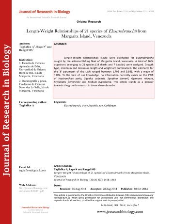 Length-Weight Relationships of 21 species of Elasmobranchii from Margarita Island, Venezuela