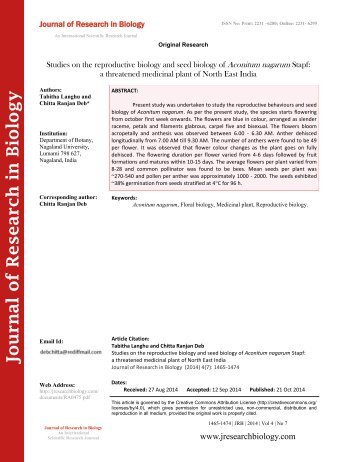 Studies on the reproductive biology and seed biology of Aconitum nagarum Stapf a threatened medicinal plant of North East India