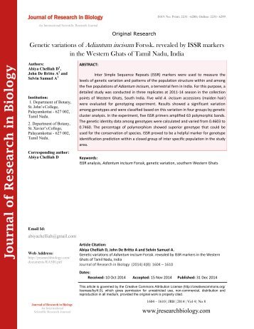 Genetic variations of Adiantum incisum Forssk. revealed by ISSR markers in the Western Ghats of Tamil Nadu, India