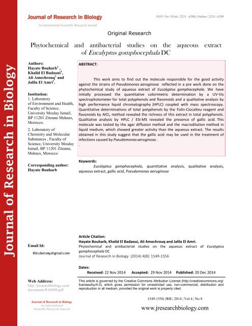 Phytochemical and antibacterial studies on the aqueous extract of Eucalyptus gomphocephala DC