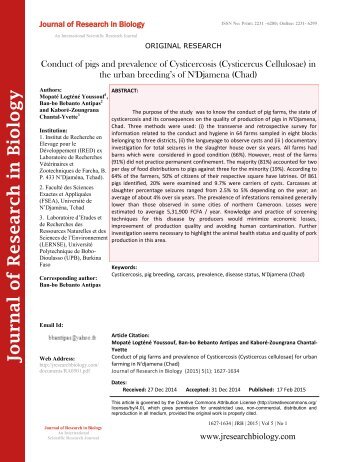 Conduct of pigs and prevalence of Cysticercosis (Cysticercus Cellulosae) in the urban breeding’s of N'Djamena (Chad)