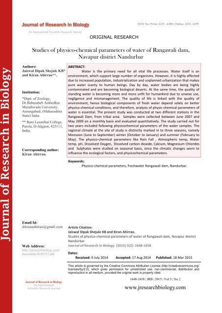 Studies of physico-chemical parameters of water of Rangawali dam, Navapur district Nandurbar