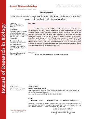 New recruitment of Acropora Oken, 1815 in South Andaman- A proof of recovery of Corals after 2010 mass bleaching