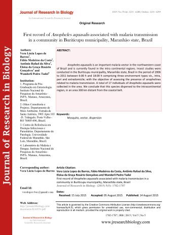First record of Anopheles aquasalis associated with malaria transmission