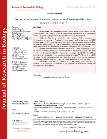 Prevalence of hemoglobin abnormalities in kindergartens of the city of Parakou (Benin) in 2013