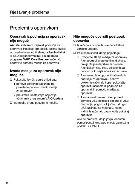 Sony SVT1111X9E - SVT1111X9E Guida alla risoluzione dei problemi Croato
