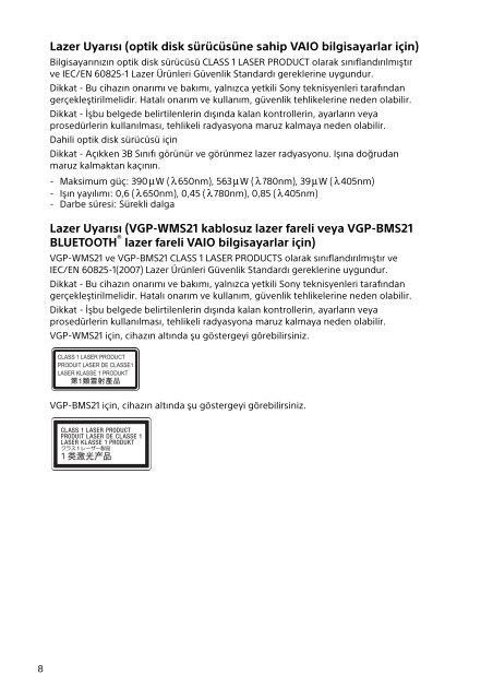 Sony SVS1512Z9E - SVS1512Z9E Documenti garanzia Turco
