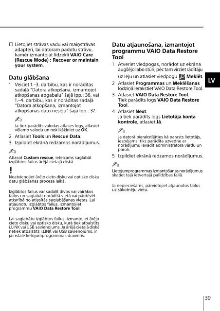 Sony SVE1512G1R - SVE1512G1R Guida alla risoluzione dei problemi Lettone