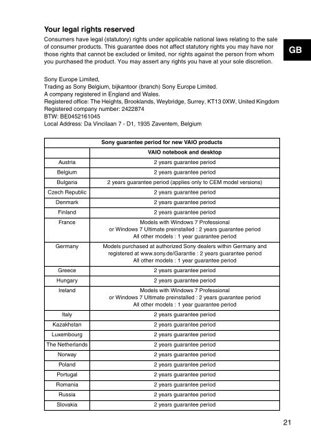 Sony SVS1511C5E - SVS1511C5E Documenti garanzia Sloveno