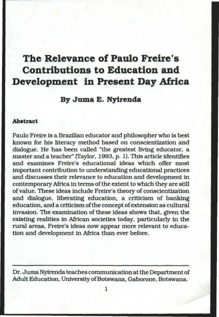 The Relevance of Paulo Freire's Contributions to Education and ...