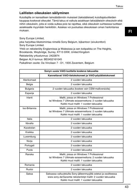 Sony VPCEB4S1R - VPCEB4S1R Documenti garanzia Finlandese