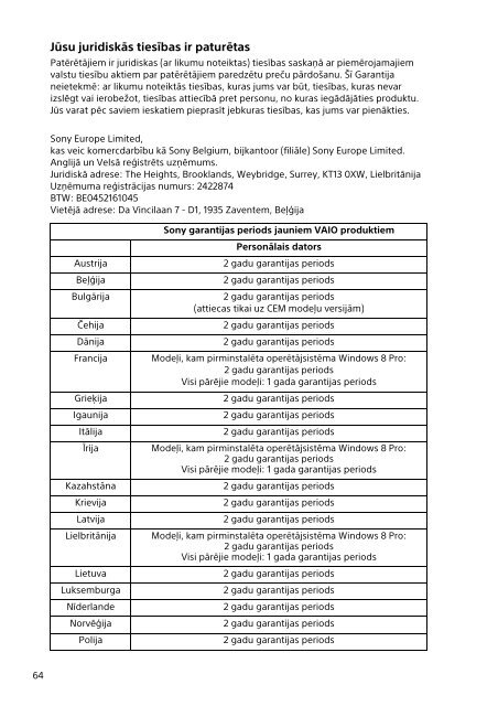 Sony SVP1321B4E - SVP1321B4E Documenti garanzia Estone